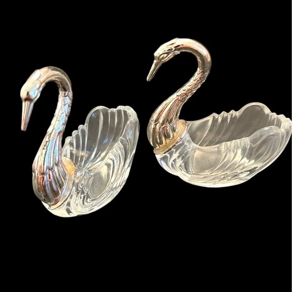Crystal & Silver-Plated Swan Shaped Salt Pepper Cellars Sugar Bowl Candy Dishes - Picture 6 of 7